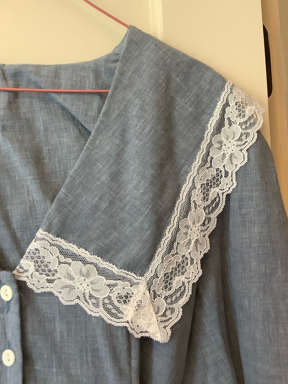 Vintage Prairie Blue Lace Collar Women's Dress - Picture 5 of 10